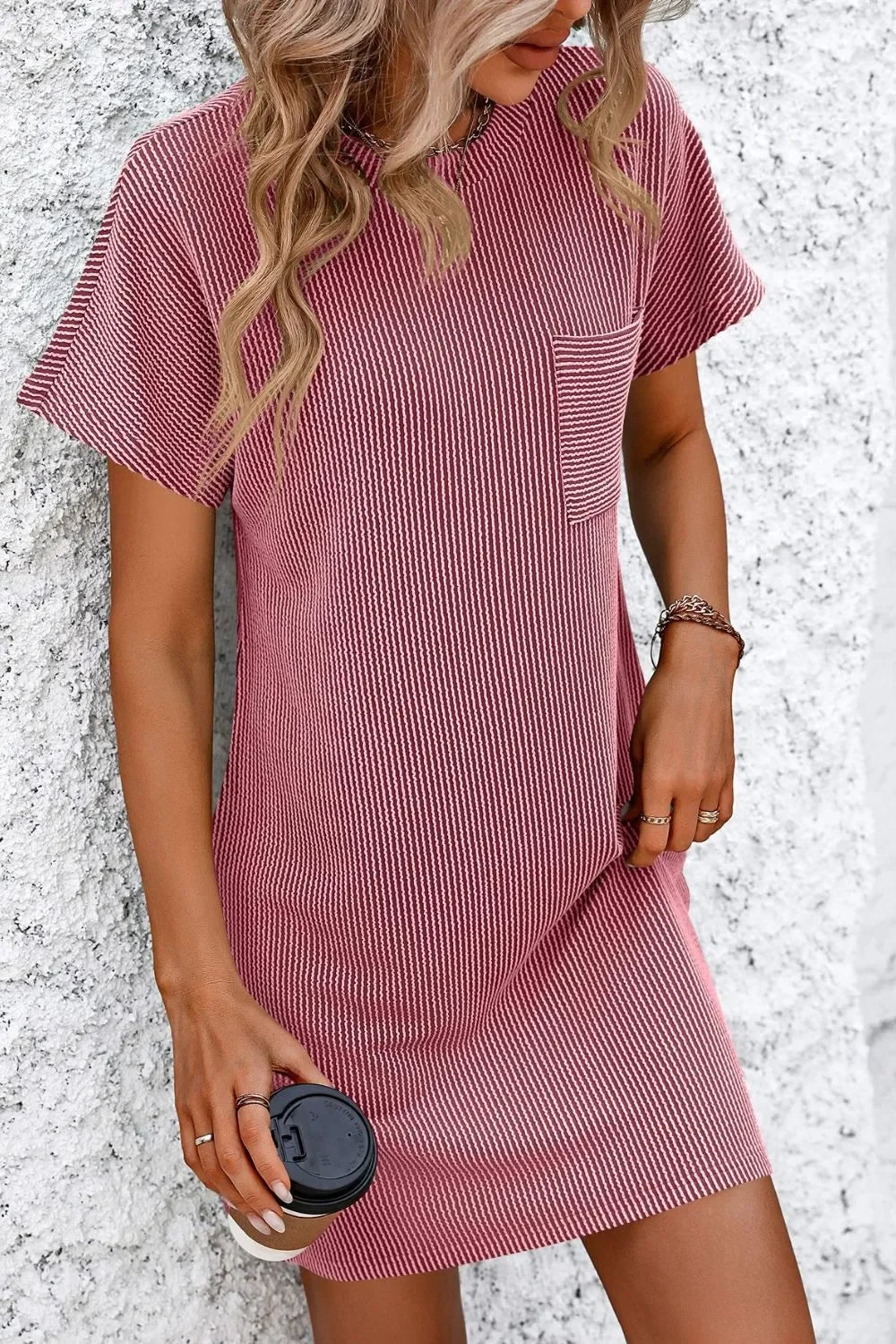 Ribbed Striped Short Sleeve Mini Tee Dress - Southern Shores Clothing