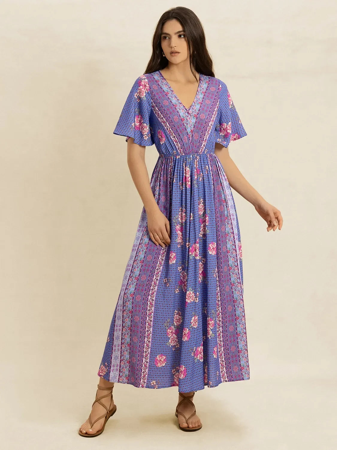 Printed Short Sleeve Midi Dress With Floral Pattern And V-Neck - Southern Shores Clothing