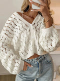 Openwork Button Up V-Neck Cardigan With Stretch Knit - Southern Shores Clothing