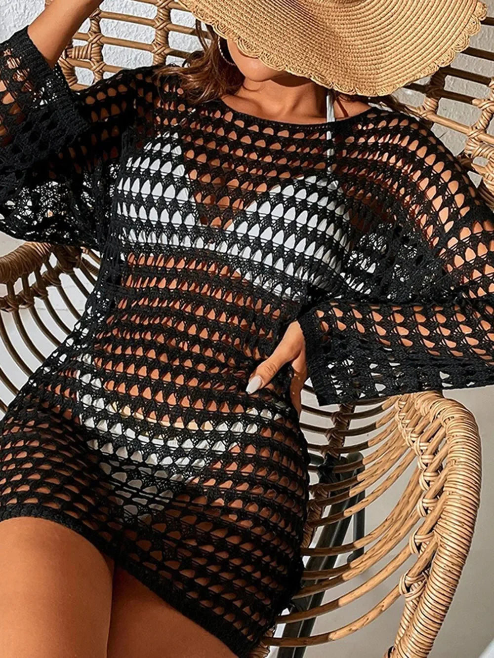 Openwork Long Sleeve Swimwear Cover Up One Size - Southern Shores Clothing