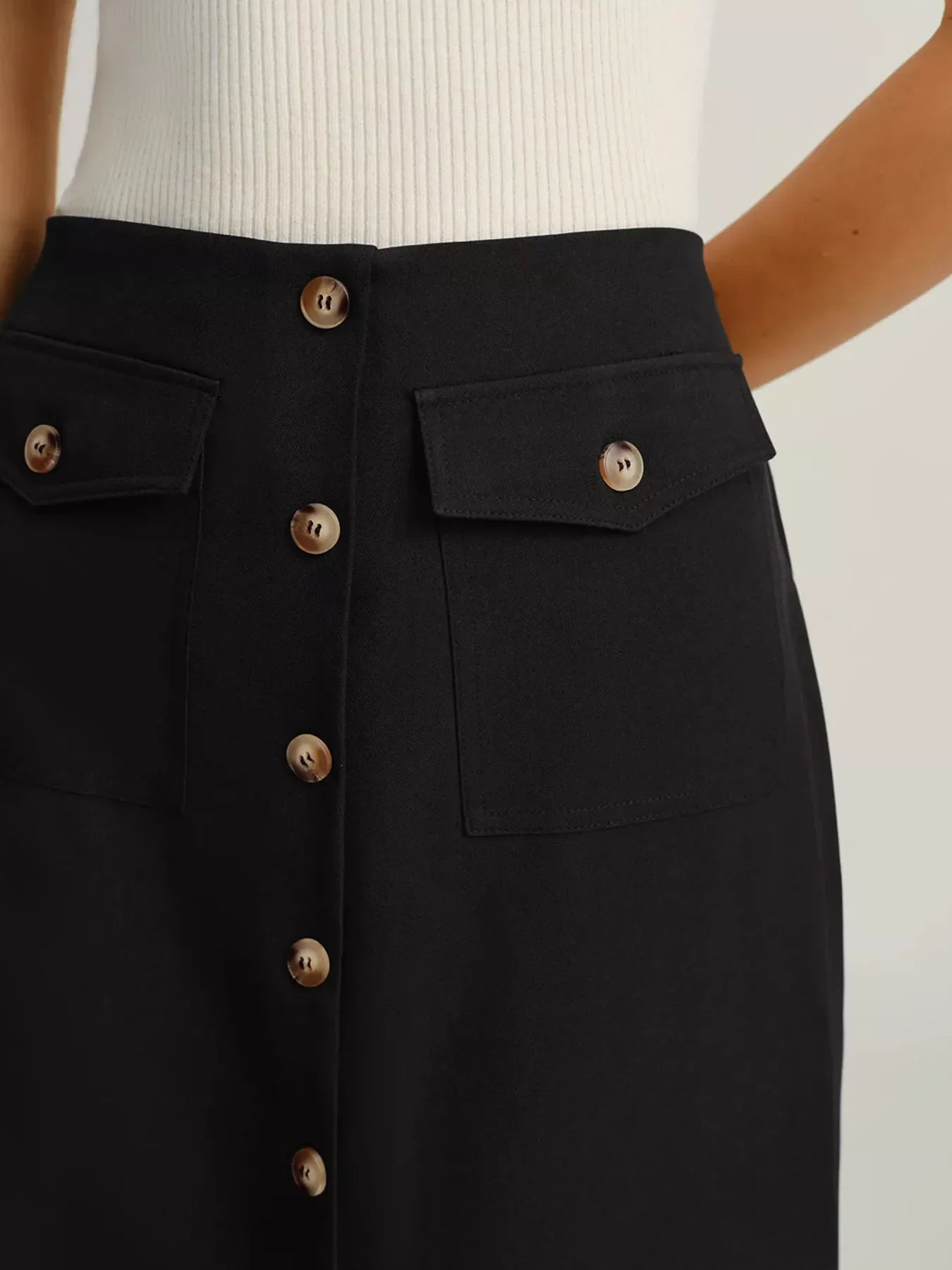 Button-Front Pocketed Midi Skirt With Breathable Fabric - Southern Shores Clothing