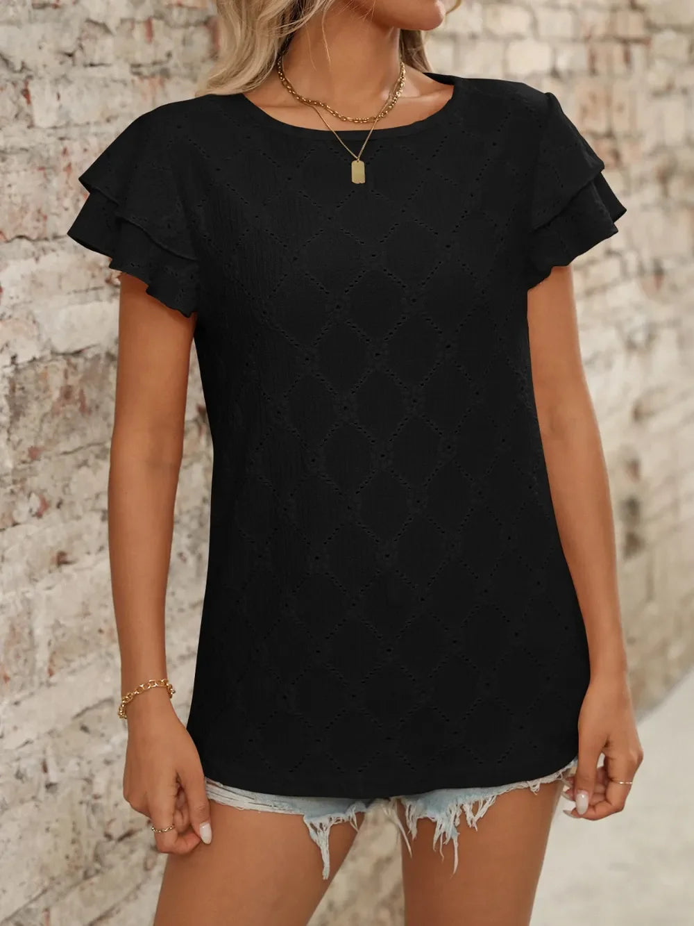 Eyelet Round Neck Ruffled Short Sleeve Top - Southern Shores Clothing