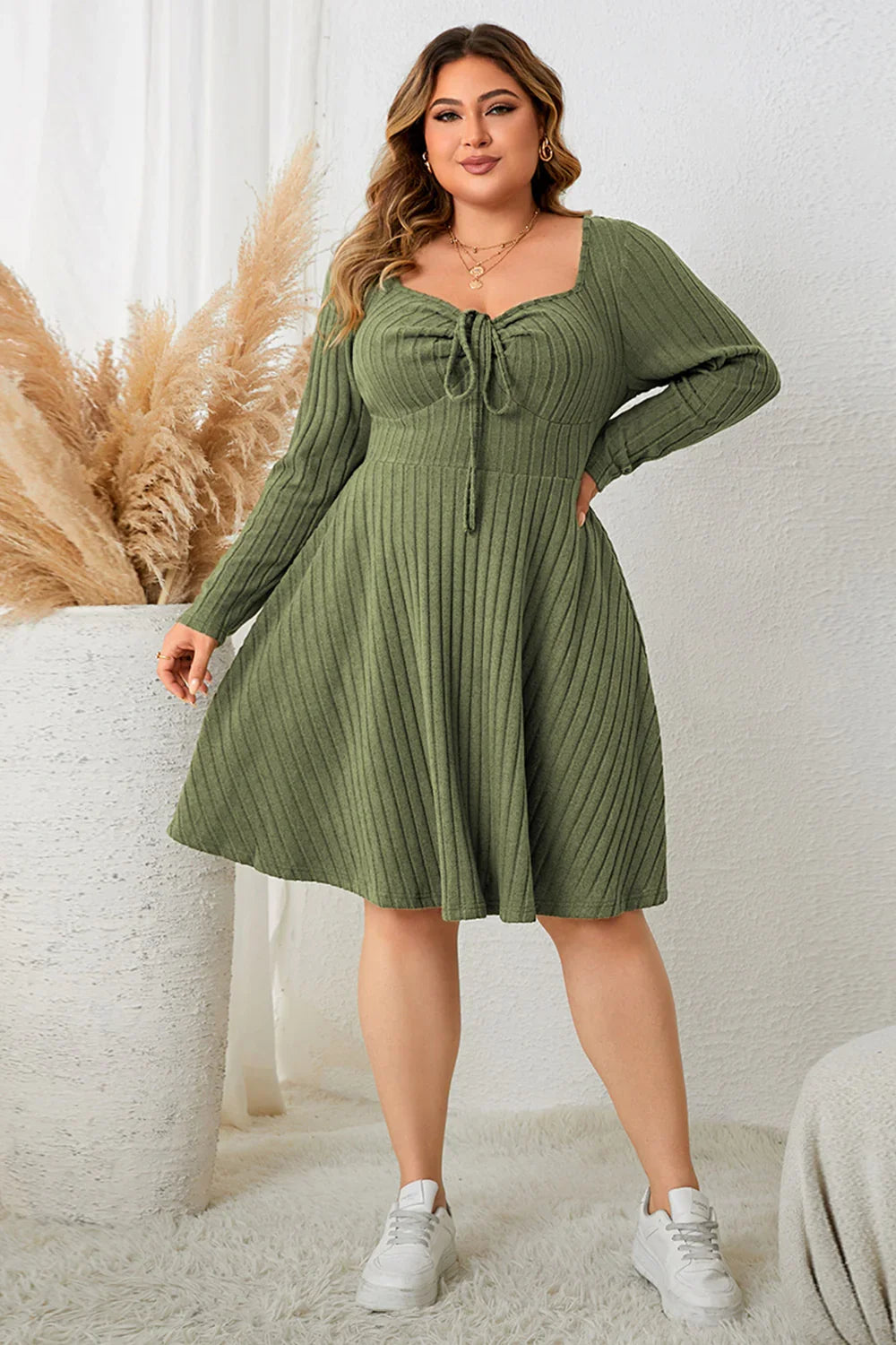 Plus Size Sweetheart Neck Long Sleeve Ribbed Dress - Southern Shores Clothing