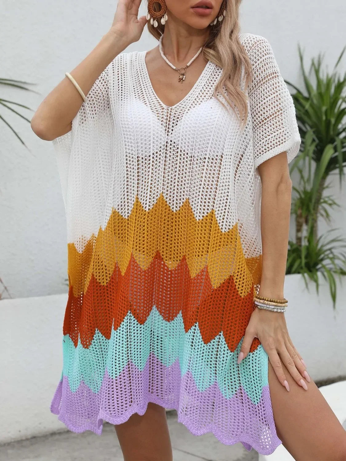 Openwork V-Neck Half Sleeve Cover-Up One Size - Southern Shores Clothing