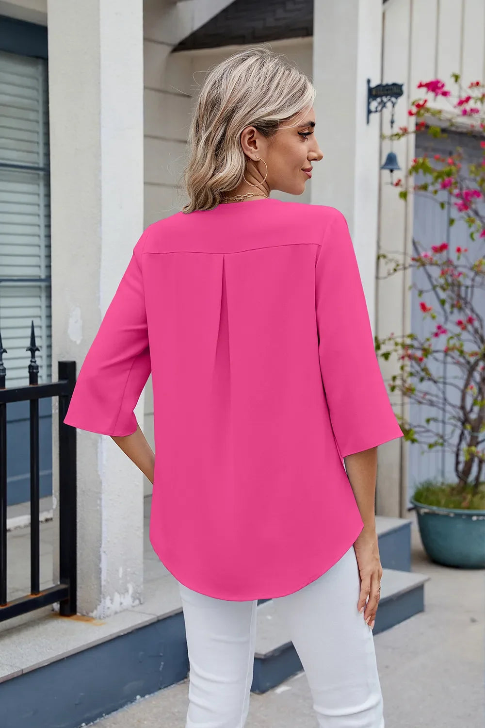 Ruffled Polyester V-Neck Blouse With Three-Quarter Sleeve - Southern Shores Clothing
