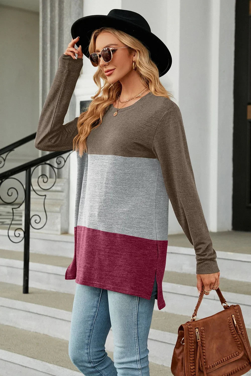 Block Pattern Round Neck Long Sleeve Slit T Shirt - Southern Shores Clothing
