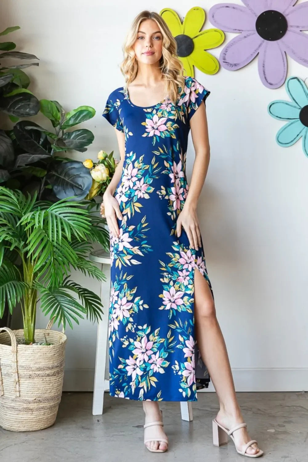 Floral Print Short Sleeve Slit Maxi Dress - Southern Shores Clothing
