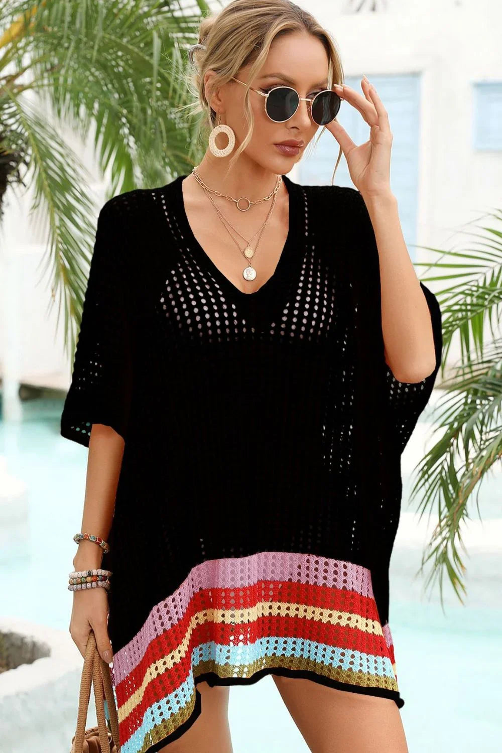 Openwork Striped Beach Swim Cover Up One Size - Southern Shores Clothing