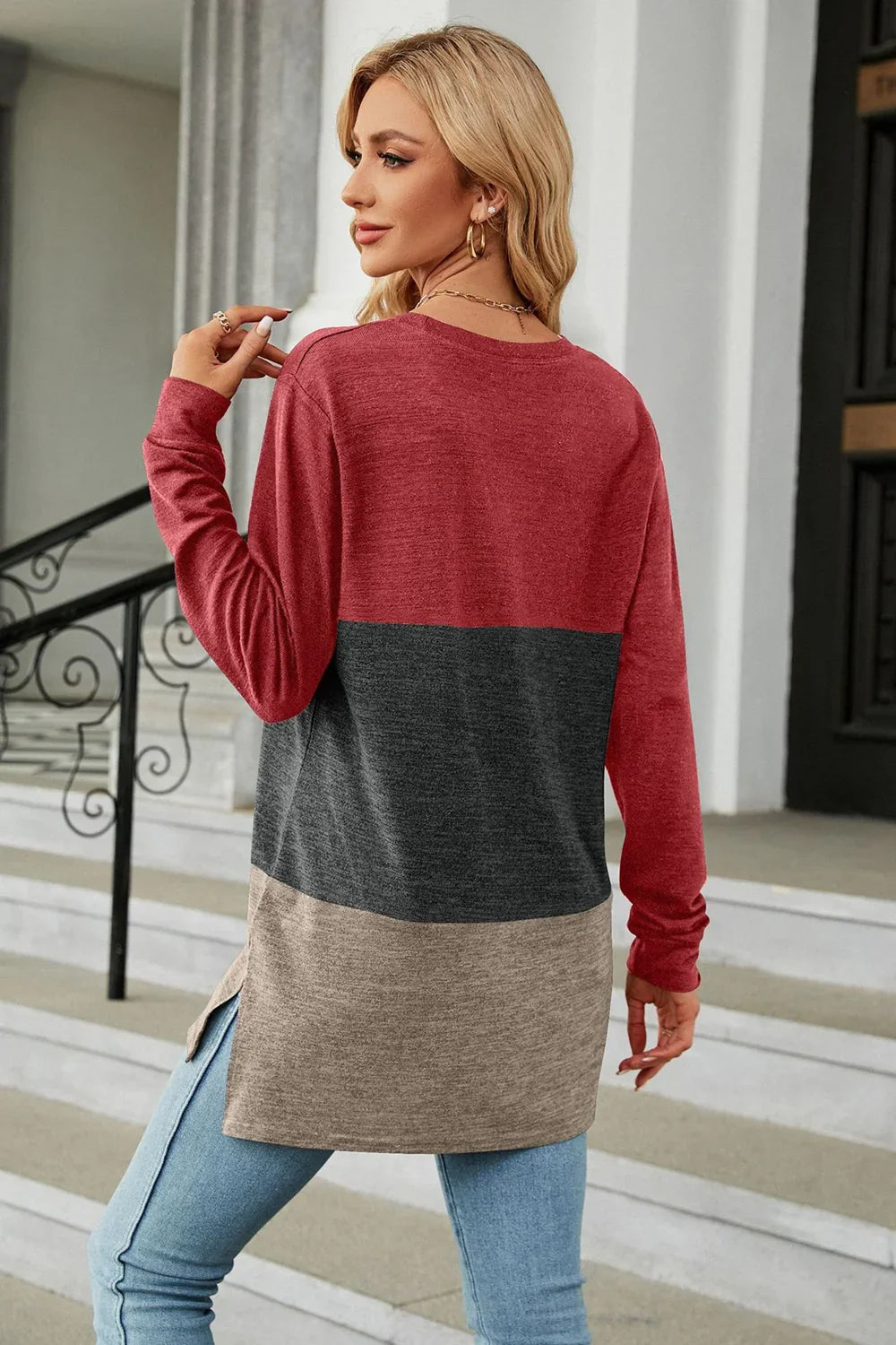 Block Pattern Round Neck Long Sleeve Slit T Shirt - Southern Shores Clothing