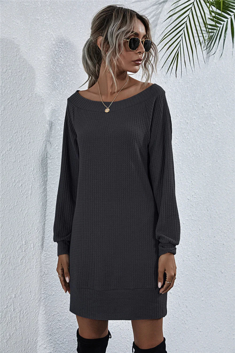 Waffle-Knit Boat Neck Mini Dress for Summer - Southern Shores Clothing