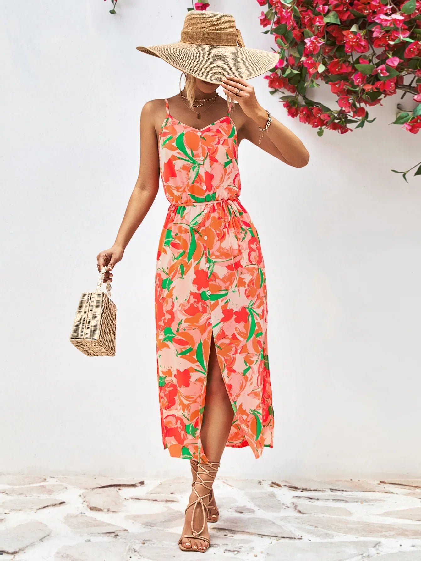Printed Spaghetti Strap Front Slit Dress - Southern Shores Clothing