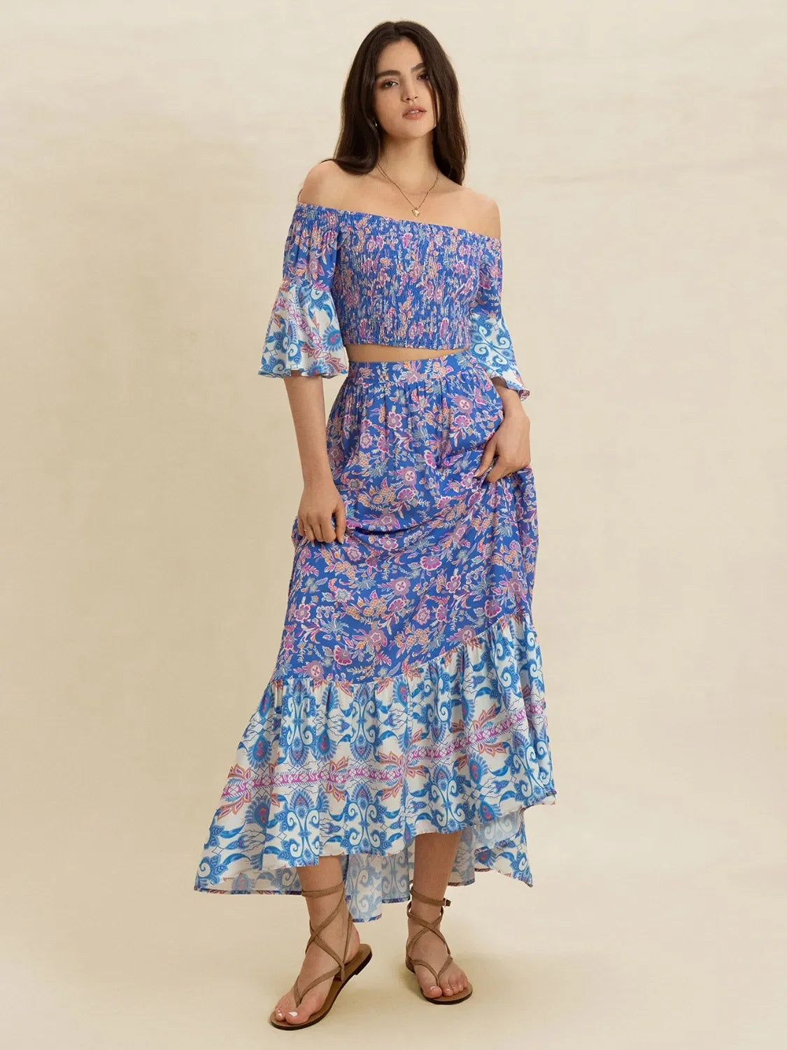 Smocked Off Shoulder Floral Top And Skirt Two Piece Set - Southern Shores Clothing