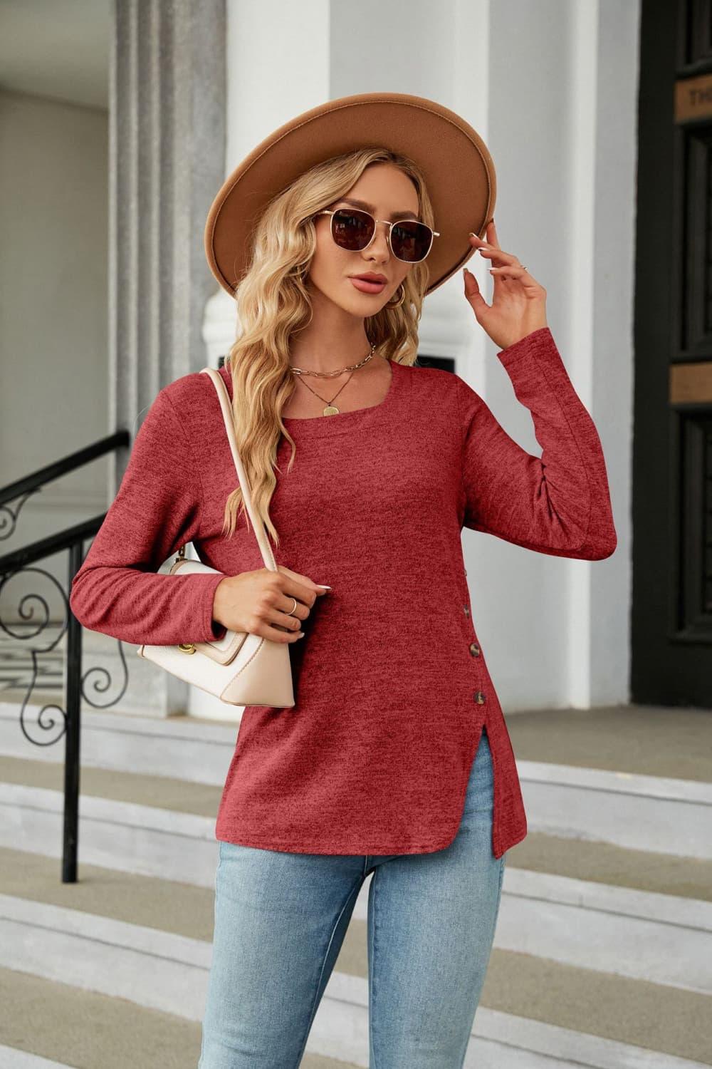 Square Neck Long Sleeve Slit Stretchy T Shirt - Southern Shores Clothing