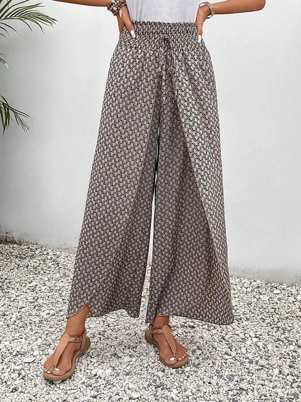Floral Print Tie-Waist Wide Leg Pants With Front Slit Detail - Southern Shores Clothing