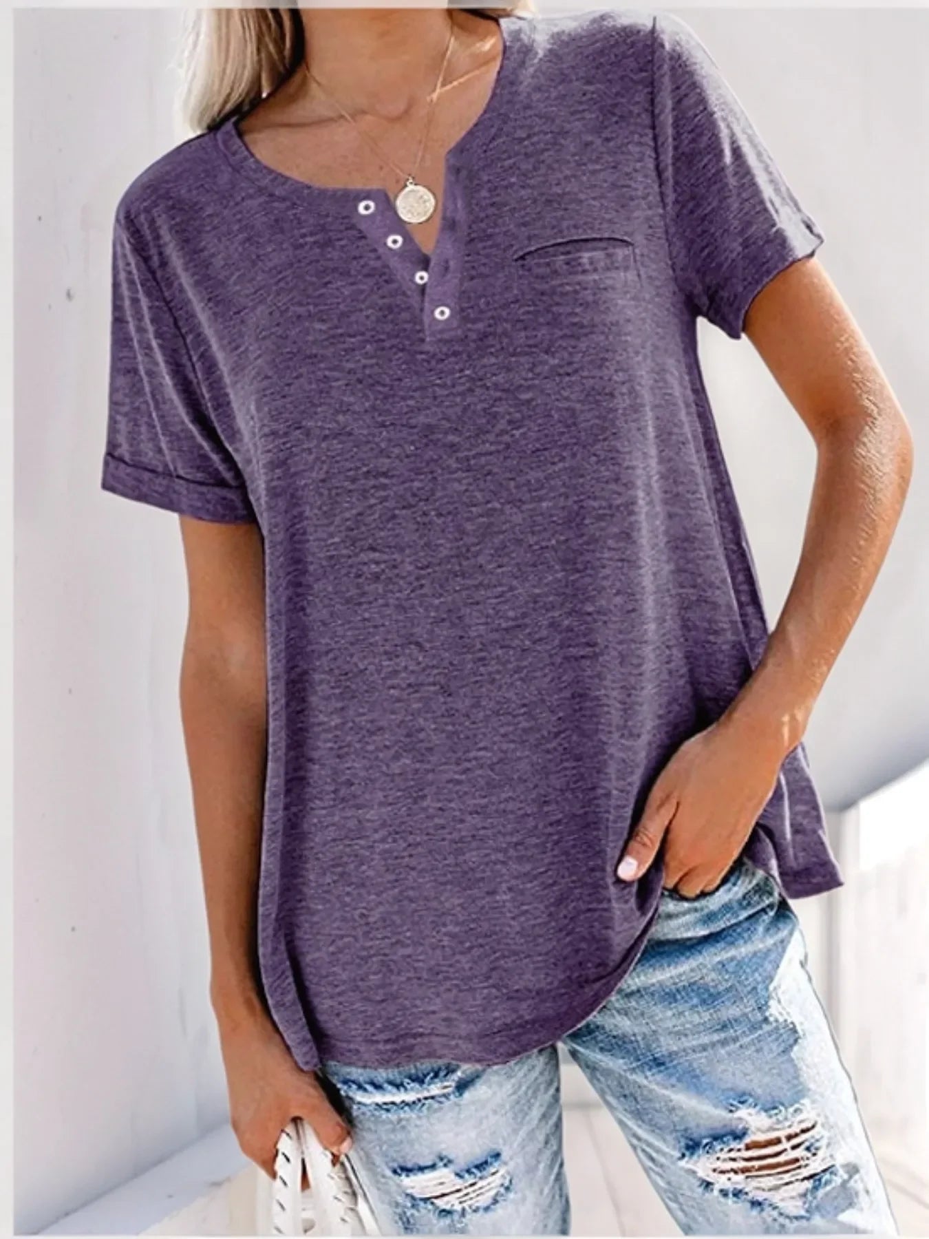 Plus Size Notched Short Sleeve T Shirt With Button Detail - Southern Shores Clothing