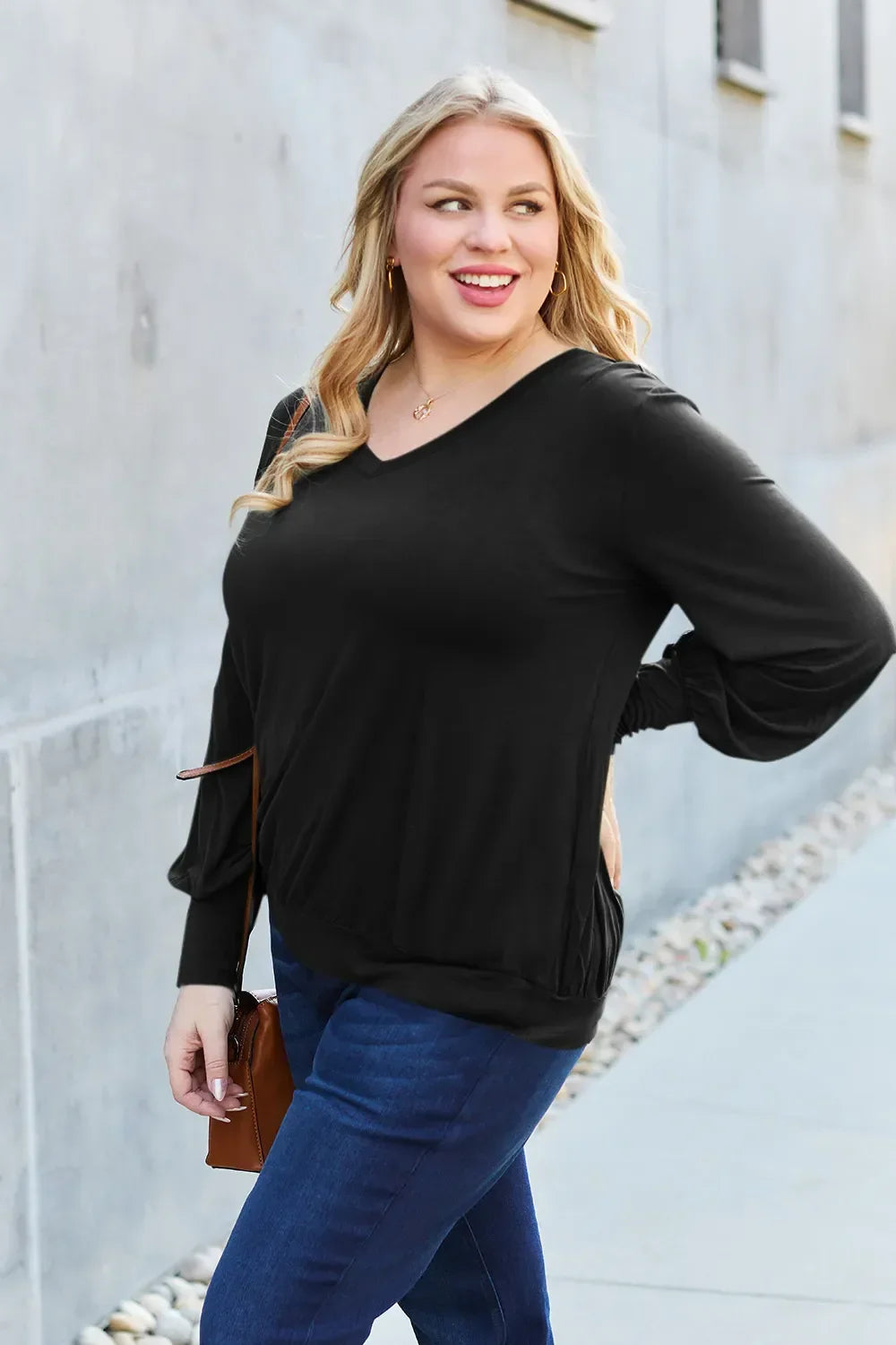 V Neck Lantern Sleeve Top Lightweight Stretch - Southern Shores Clothing