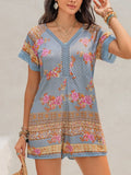 Printed V-Neck Short Sleeve Romper With Cutout - Southern Shores Clothing