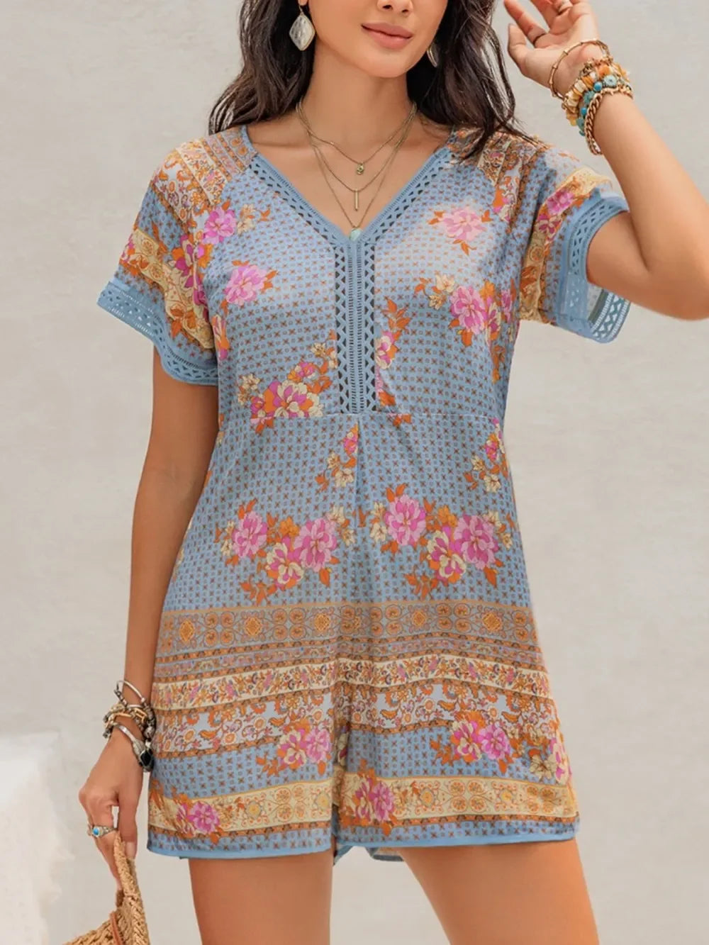 Printed V-Neck Short Sleeve Romper With Cutout - Southern Shores Clothing