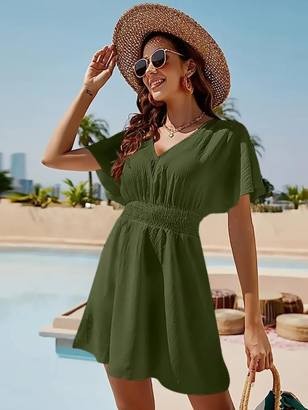 Smocked V-Neck Short Sleeve Dress Lightweight Coastal - Southern Shores Clothing