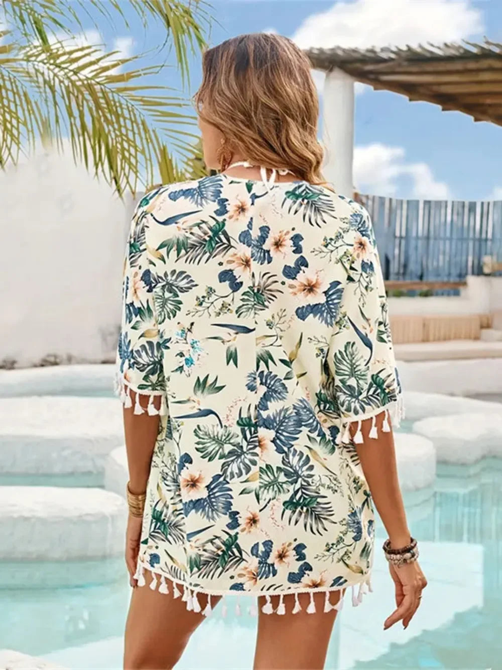 Tassel Printed Open Front Half Sleeve Cover Up - Southern Shores Clothing
