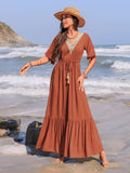 Ruffled Tassel V-Neck Flutter Sleeve Dress With Lace Trim - Southern Shores Clothing