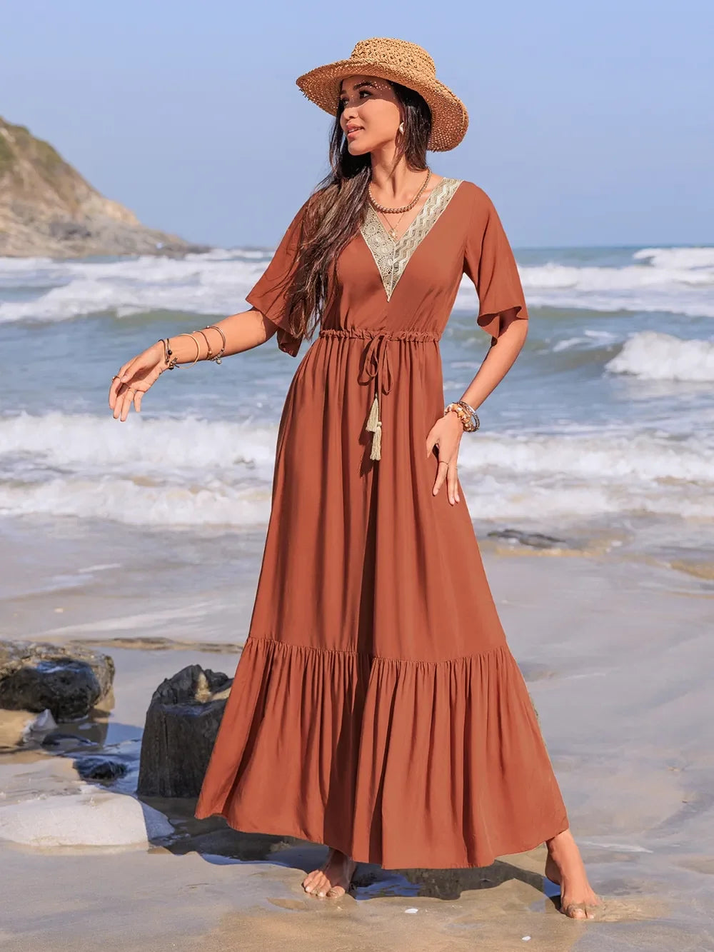 Ruffled Tassel V-Neck Flutter Sleeve Dress With Lace Trim - Southern Shores Clothing