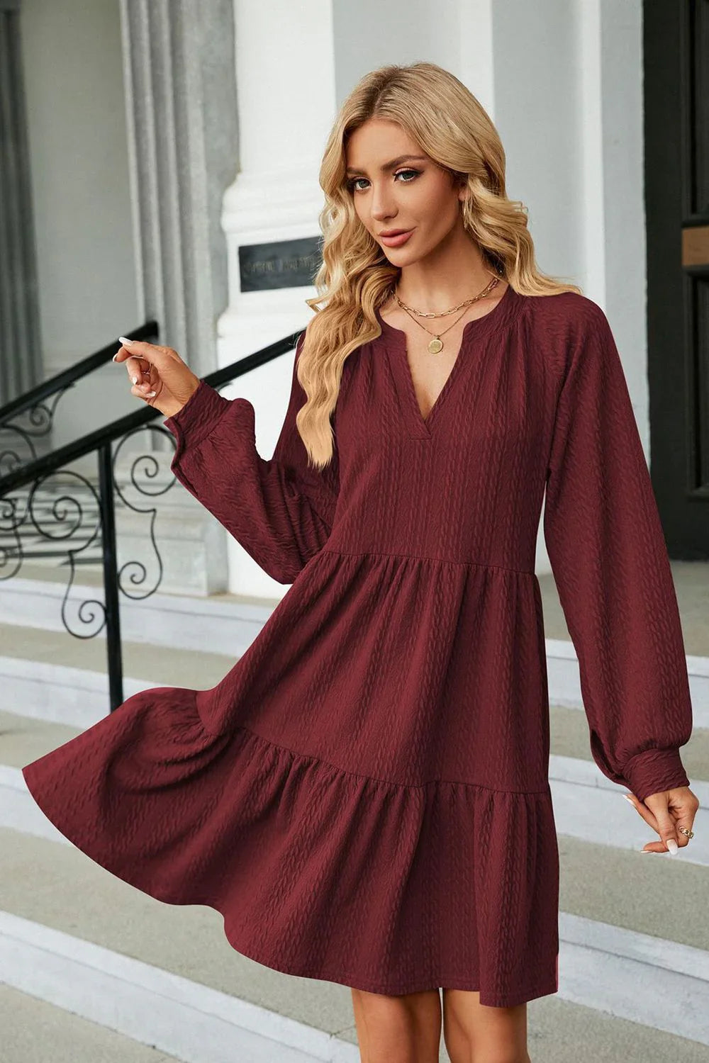 Notched Neck Long Sleeve Mini Dress - Southern Shores Clothing