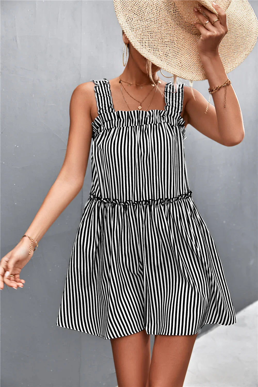 Casual Striped Frill Trim Square Neck Dress - Southern Shores Clothing