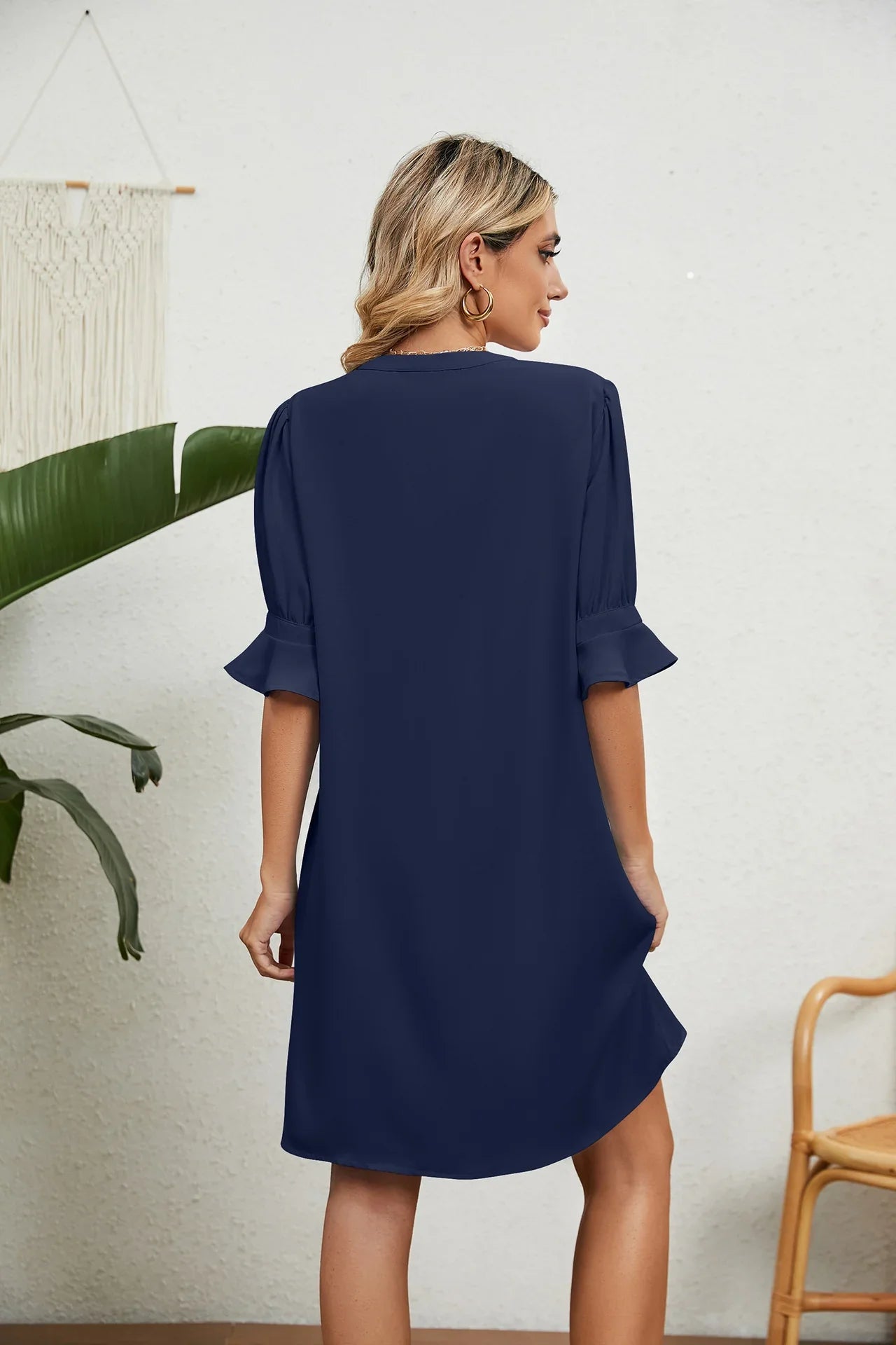 Knee Length Notched Neck Flounce Sleeve Dress - Southern Shores Clothing