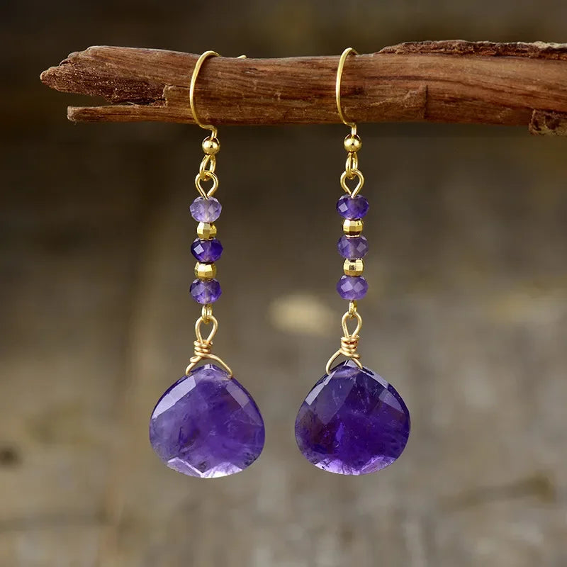 18K Gold-Plated Amethyst And Natural Stone Bead Earrings - Southern Shores Clothing