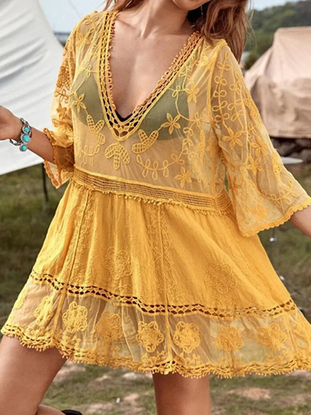 Lace Detail Plunge Cover Up Dress One Size - Southern Shores Clothing