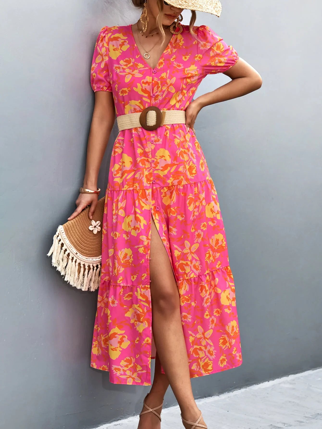 V-Neck Short Sleeve High Slit Midi Dress - Southern Shores Clothing