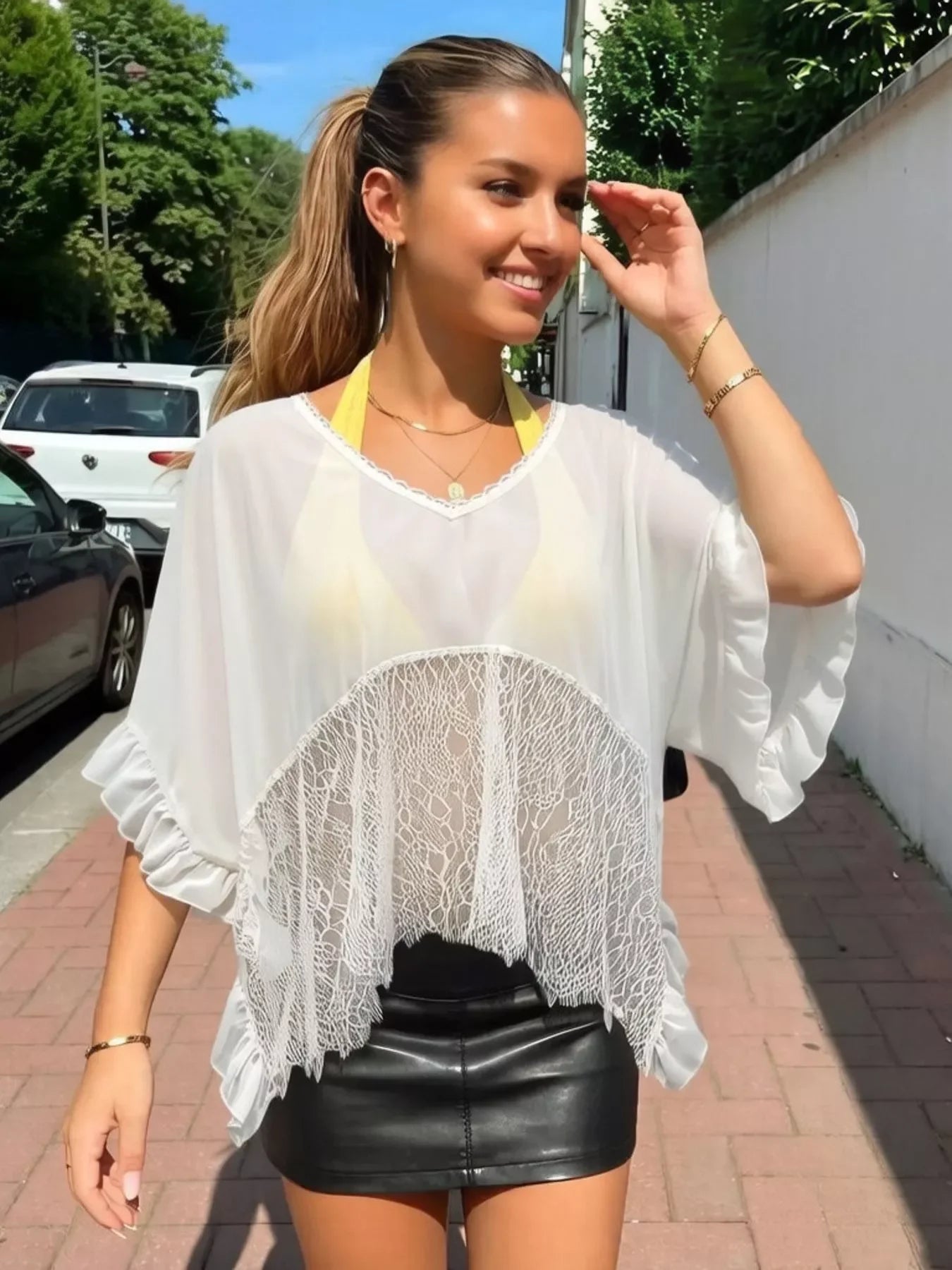 Lace Trim Sheer Flowy Cover Up With V Neck And Ruffle Details - Southern Shores Clothing