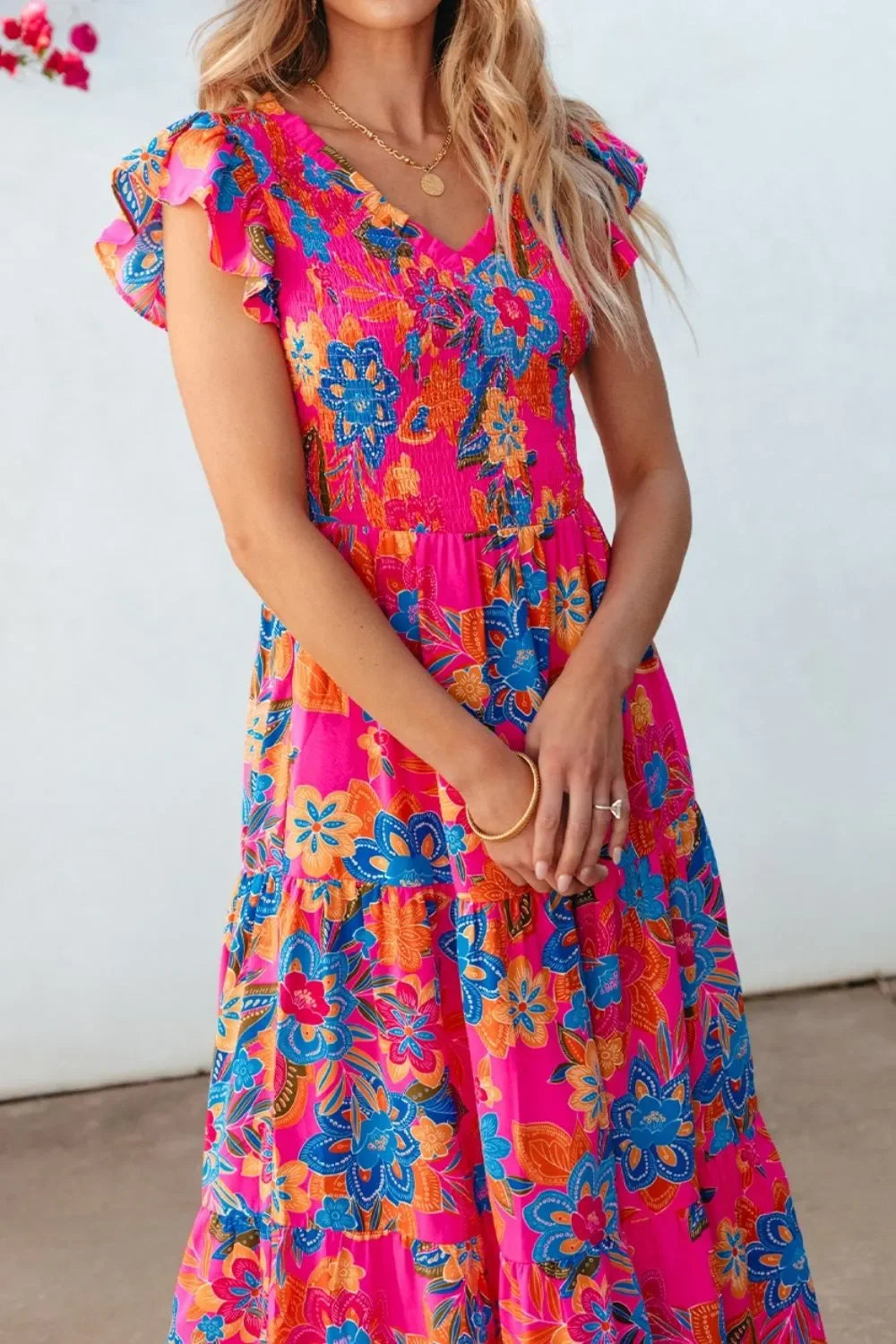 Boho Floral V-Neck Ruffle Tiered Flutter Sleeve Maxi Dress - Southern Shores Clothing