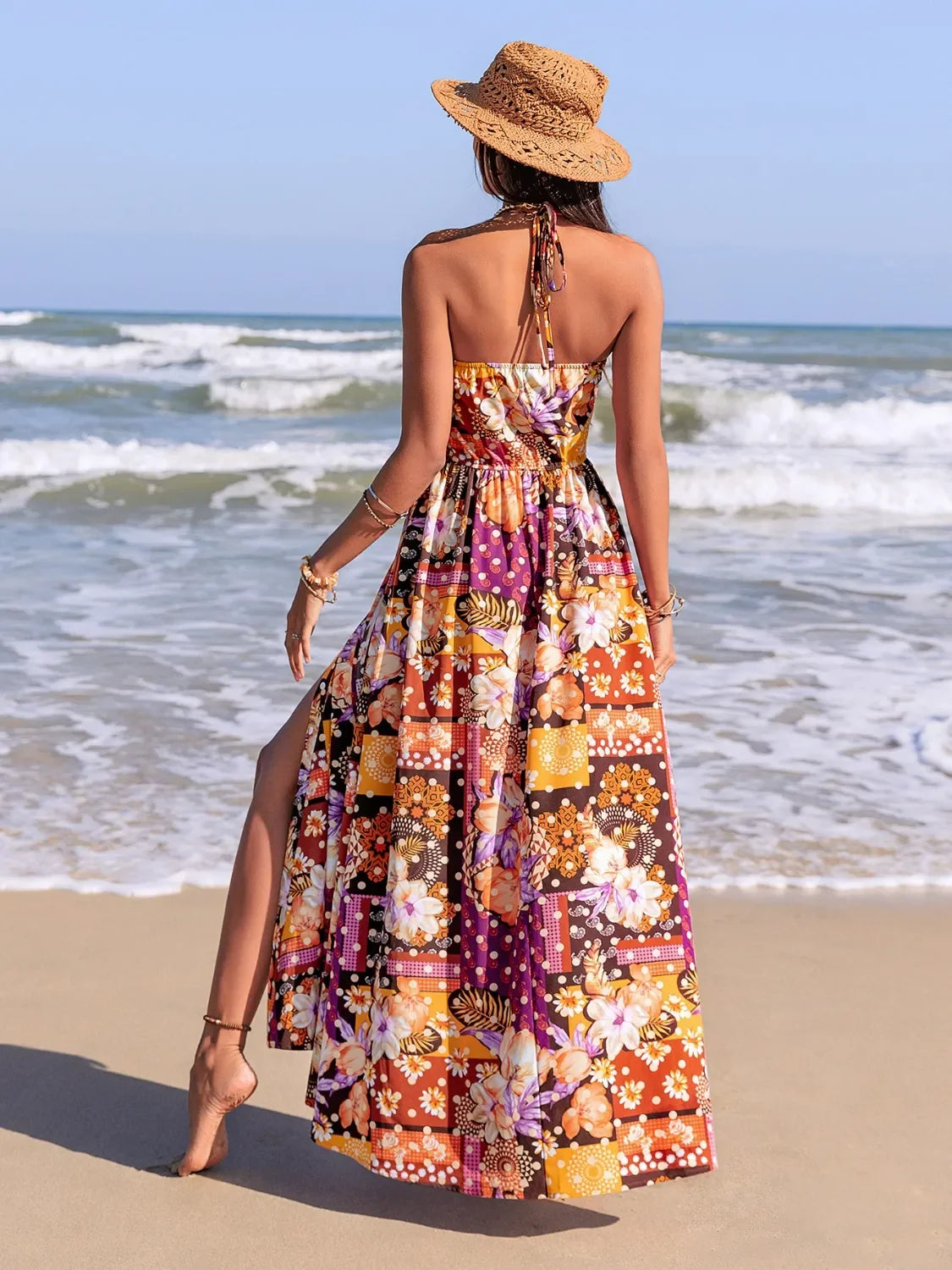 Slit Printed Halter Neck Cami Dress With Tie Front Allover - Southern Shores Clothing