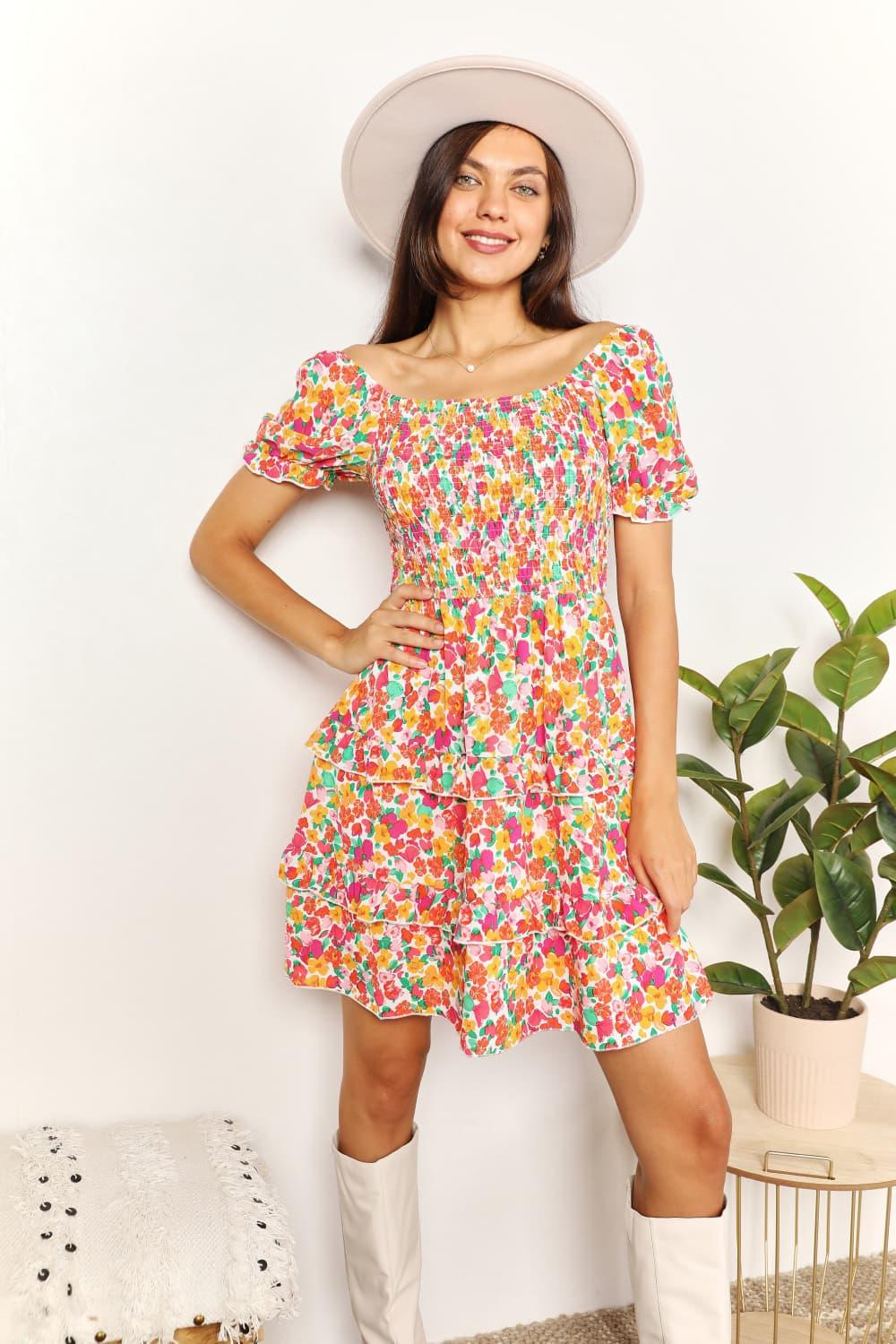Smocked Bodice Sweetheart Neck Flounce Sleeve Mini Dress - Southern Shores Clothing