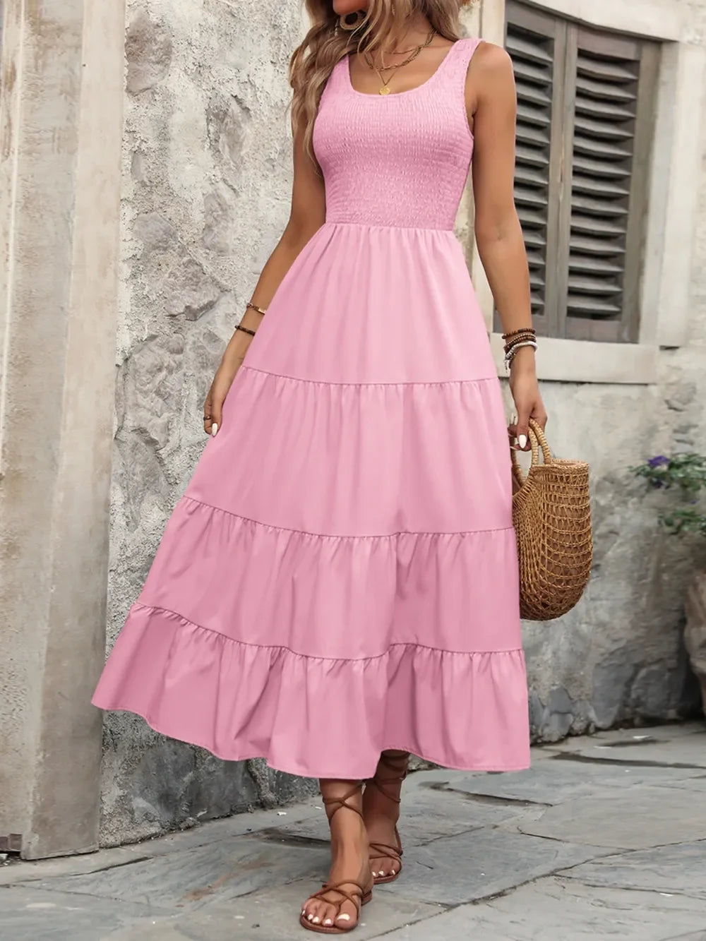 Smocked Scoop Neck Sleeveless Tank Dress - Southern Shores Clothing