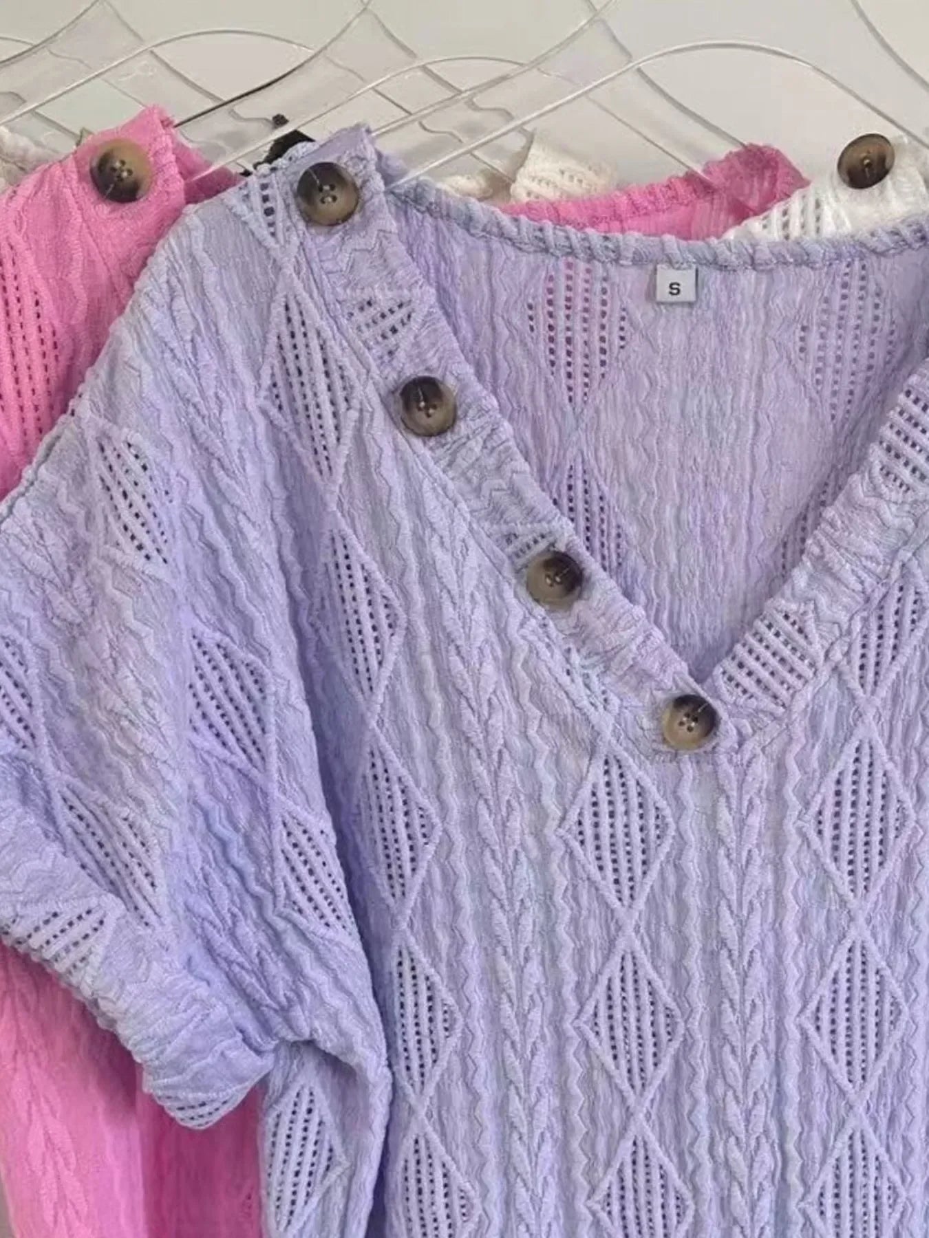 Textured V-Neck Short Sleeve Buttoned Top With Openwork - Southern Shores Clothing