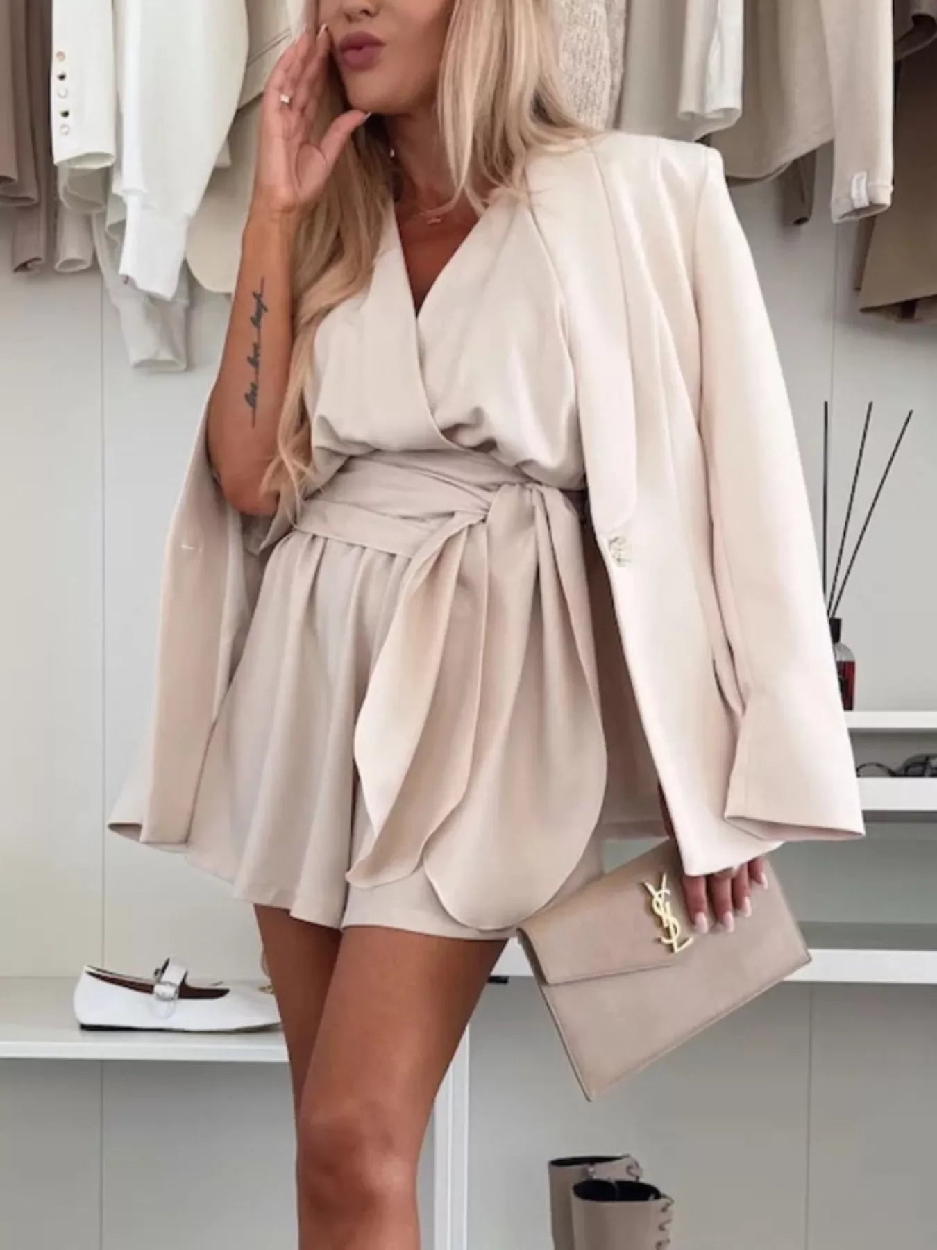 Belted Surplice Tie Waist Stretch Knit Romper - Southern Shores Clothing