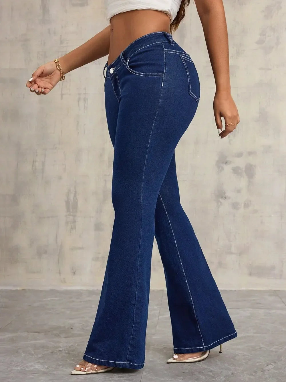 Denim Flare Jeans With Pockets Button Detail - Southern Shores Clothing