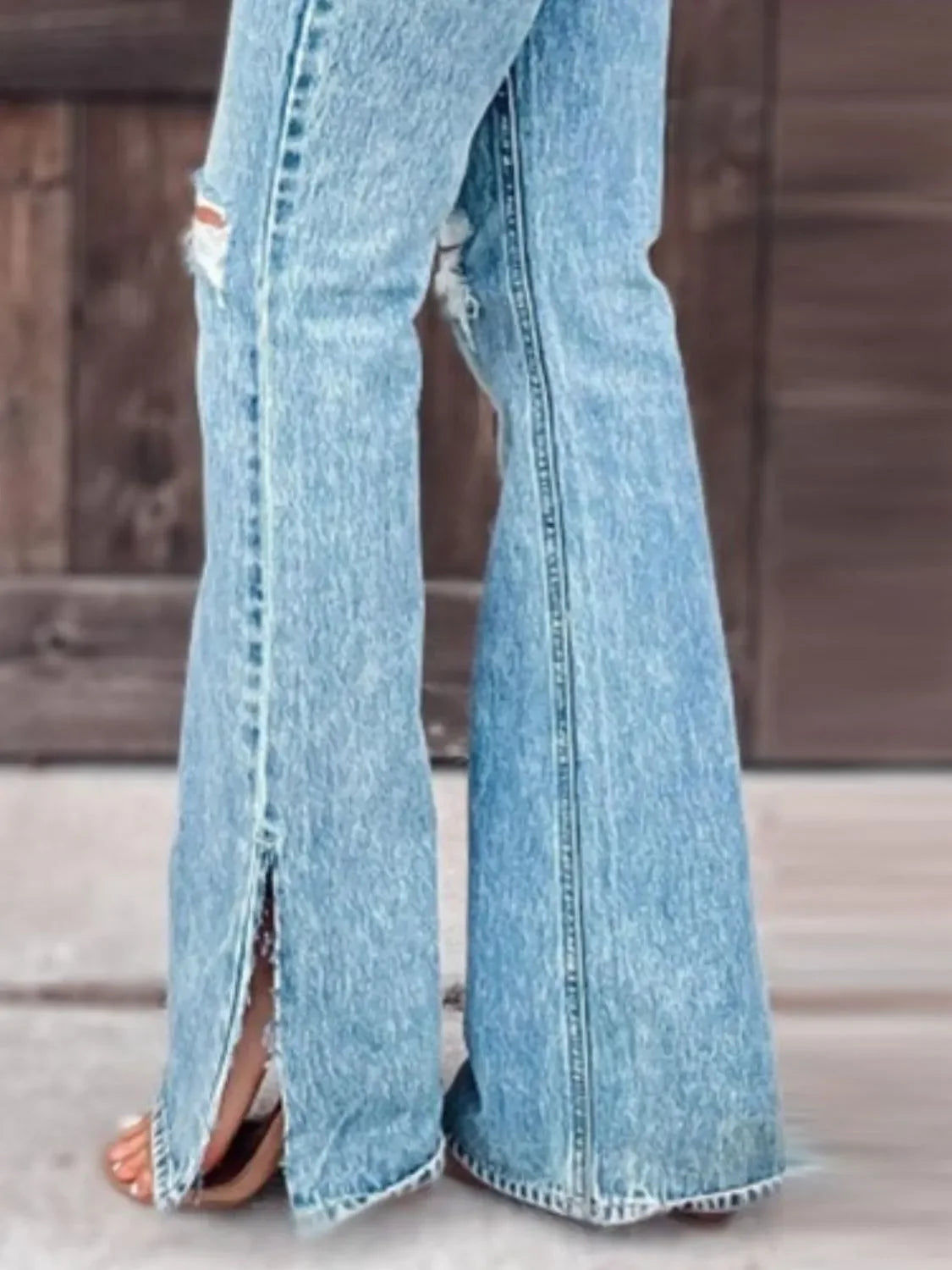 Stretch Denim Beach Inspired Distressed Slit Bootcut Jeans