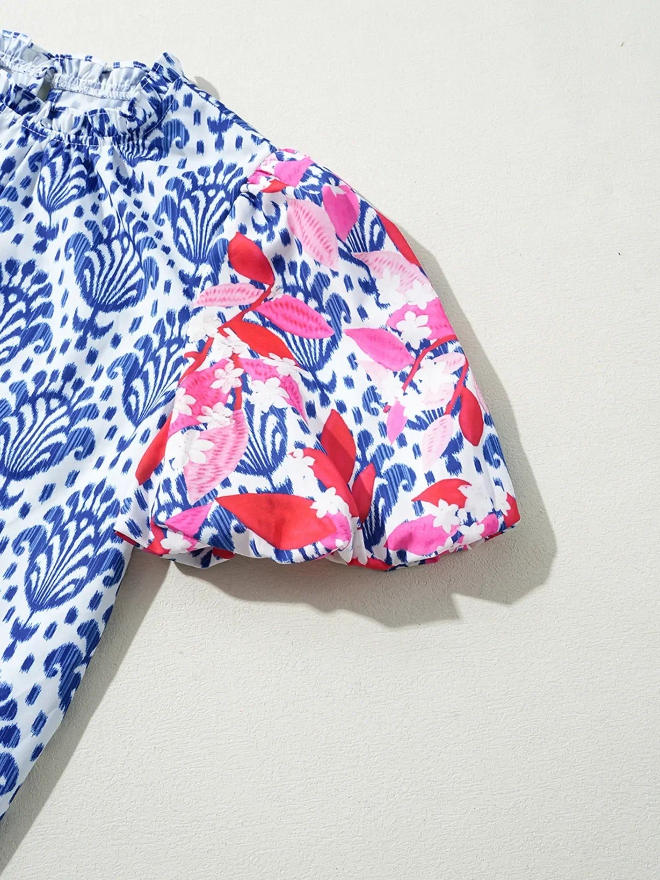 Printed Puff Sleeve Frilled Neck Blouse Top - Southern Shores Clothing