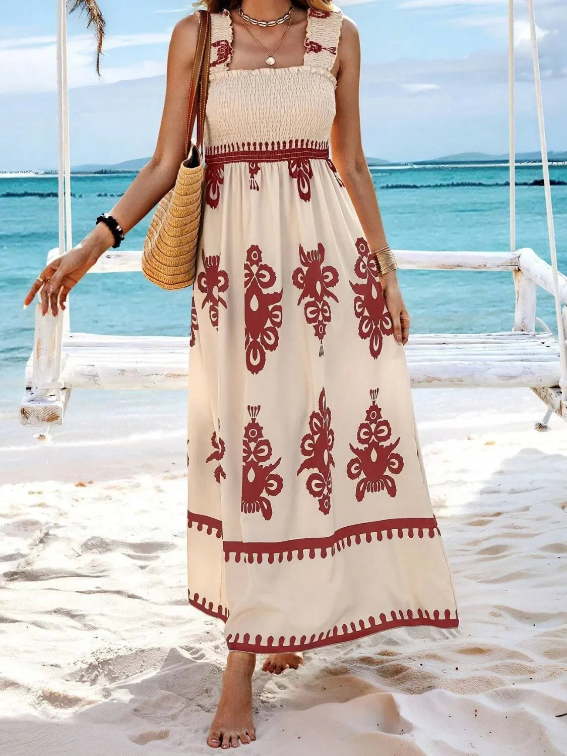 Smocked Printed Maxi Dress With Wide Straps Boho Style Details - Southern Shores Clothing