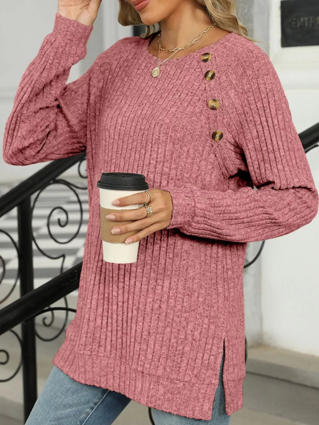 Round Neck Side Slit Ribbed Knit Top with Asymmetric Button Detail - Southern Shores Clothing