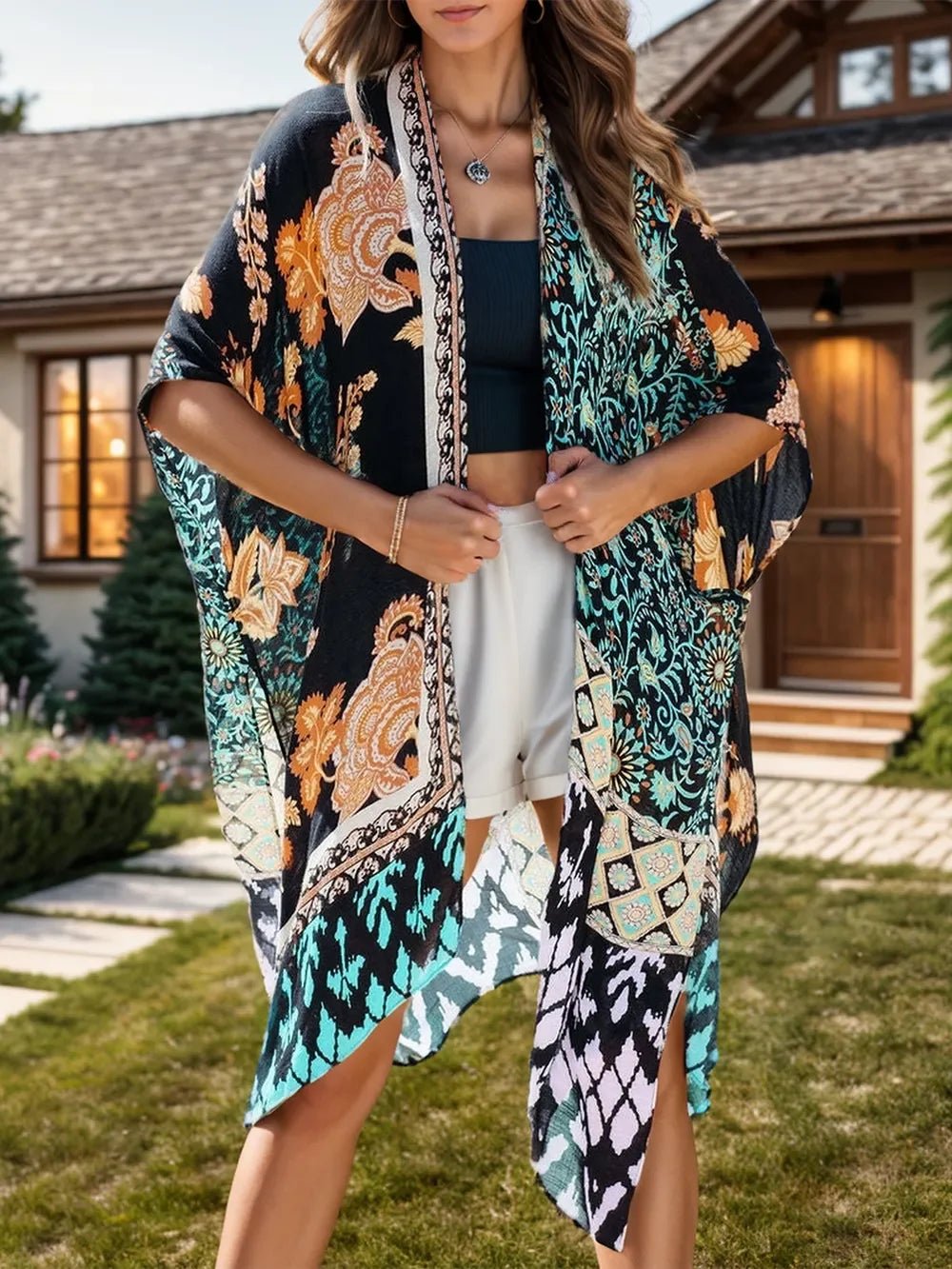 Printed Open Front Swimwear Cover Up One Size - Southern Shores Clothing