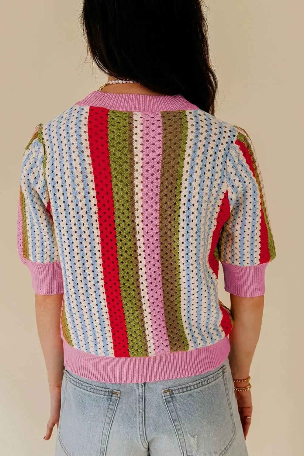 Openwork Striped Crochet Knit Short Sleeve Top With Stretch - Southern Shores Clothing