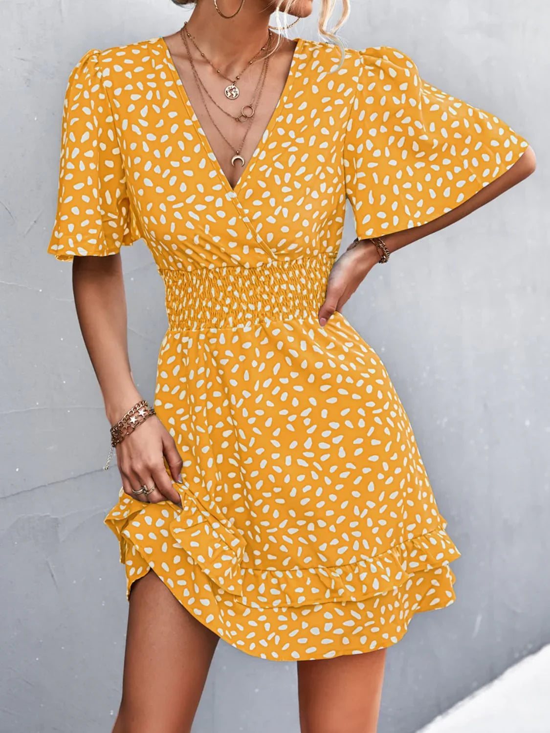 Printed Smocked Waist Layered Surplice Dress - Southern Shores Clothing