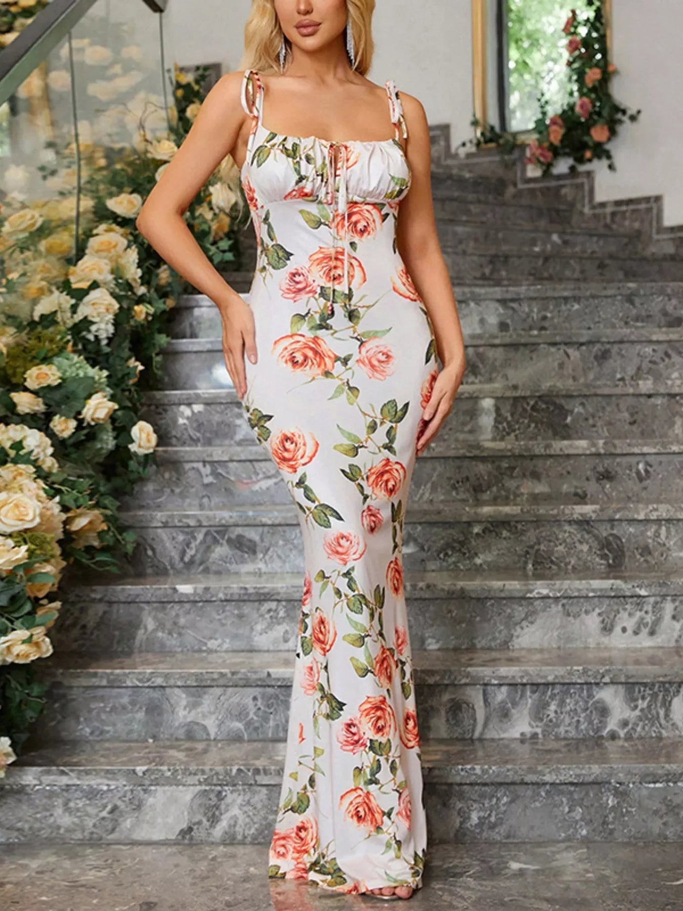 Floral Print Tie Strap Bodycon Maxi Dress - Southern Shores Clothing