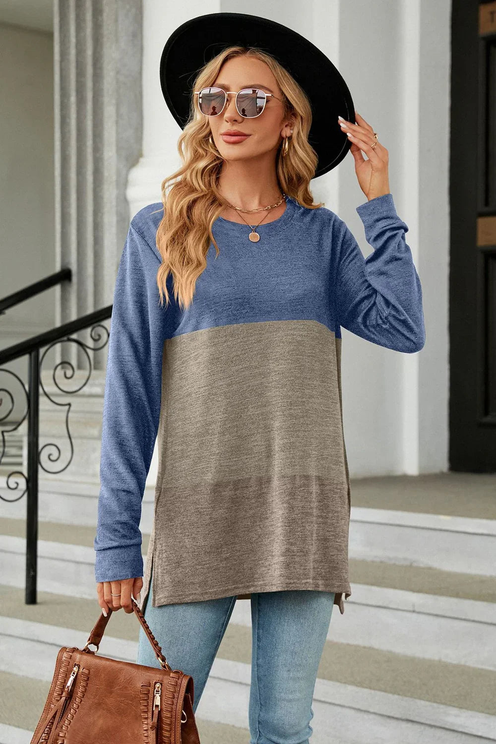 Block Pattern Round Neck Long Sleeve Slit T Shirt - Southern Shores Clothing