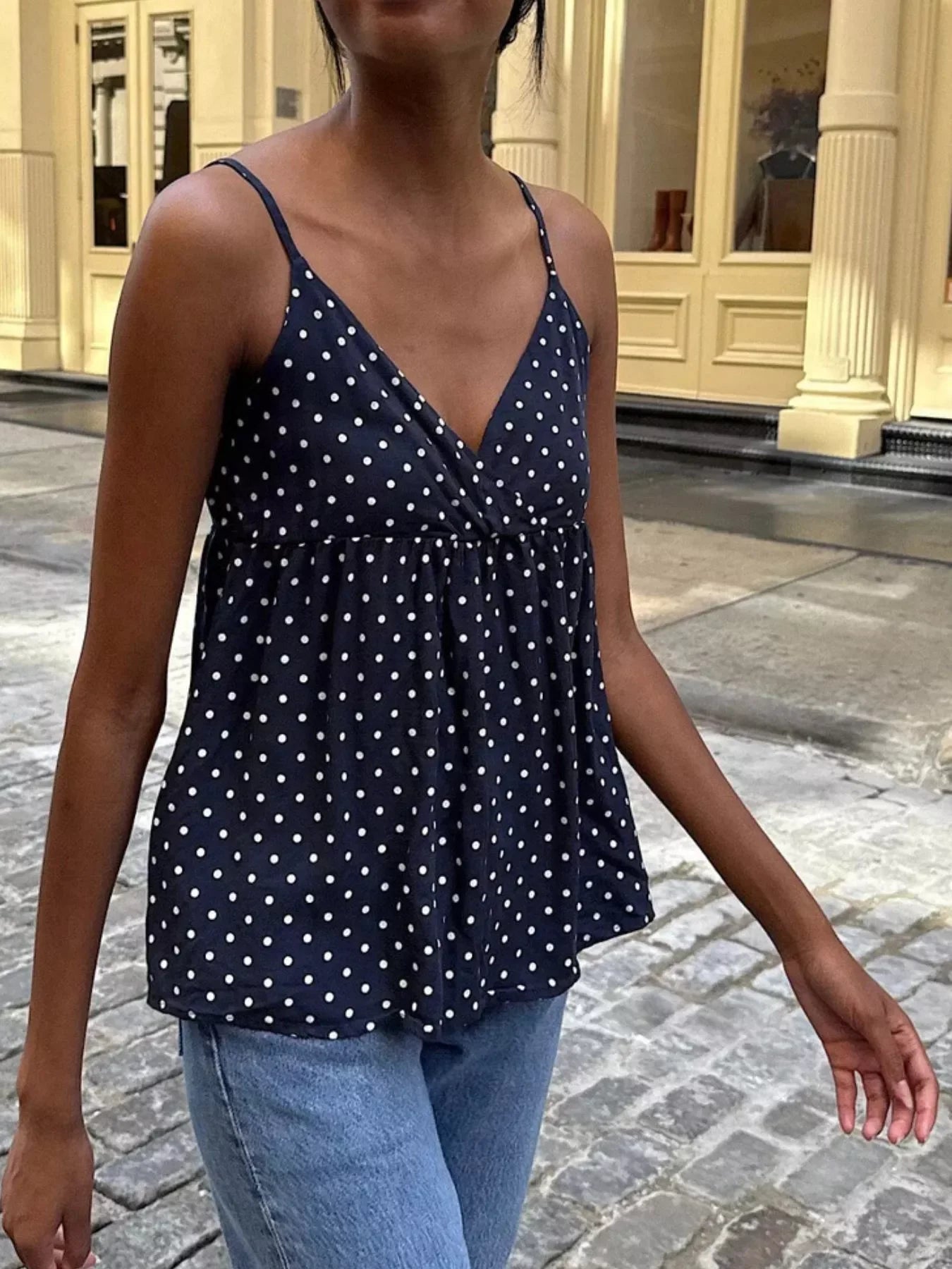 Flowy V Neck Polka Dot Camisole With Adjustable Spaghetti Straps - Southern Shores Clothing
